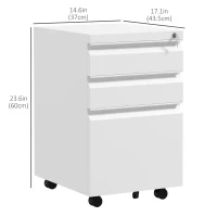 Vinsetto 3 Drawer File Cabinet with Lock, Steel Vertical Filing Cabinet with 5 Wheels and Hanging Bar for A4/Legal/Letter, Home Office Printer Stand with Pre-Assembled Body, White(m-3)