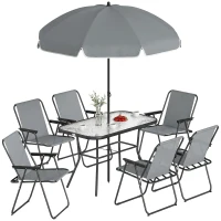 Outsunny 8 Piece Patio Table and Chairs Set with Folding Chairs, Tempered Glass Tabletop and Umbrella for Garden, Grey(m-9)