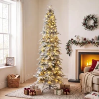 HOMCOM 6ft Prelit Flocked Christmas Tree, Downswept Pencil Hinged Xmas Tree with LED Lights, 8 Modes, Daily Timer, Remote(m-8)