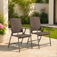 Outsunny Outdoor Wicker Dining Chair Set of 2, 2 Pieces Rattan Foldable Chair with Steel Frame for Garden, Backyard, Porch, Brown(m-8)