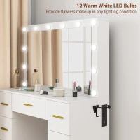 HOMCOM Makeup Vanity Desk with Mirror and Lights, Dressing Table with 7 Drawers, 6 Hidden Sliding Storage Compartments, White(m-4)
