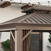 Outsunny 10' x 12' Hardtop Gazebo with Curtains and Netting, Permanent Pavilion Metal Double Roof Gazebo Canopy with Aluminum Frame and Hooks, for Garden, Patio, Backyard, Dark Brown(m-9)