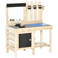 Outsunny Outdoor Kitchen Play Set with Frying Pan, Pretend Play Mud Kitchen for Kids with Removable Sink, Wooden Kitchen Set for Ages 3-7, with Planting Pots, Shelf, Cabinets(m-1)