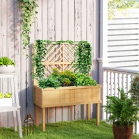 Outsunny Elevated Wood Planter with Trellis for Climbing Plants, Raised Garden Bed with Legs and Drainage Holes, Natural Wood(m-9)