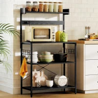 HOMCOM Kitchen Baker's Rack with Power Outlet, Coffee Bar Station with Adjustable Shelves and Hooks, Distressed Black(m-8)
