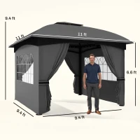 Outsunny 11' x 11' Outdoor Gazebo, Double Roof Patio Gazebo with Curtains, Church Windows, Galvanized Steel Frame, Dark Gray(m-3)