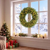 HOMCOM Christmas Decoration, 36 in Pre-Lit Norwegian Spruce Artificial Christmas Wreath with 100 LED Lights, Green(m-8)