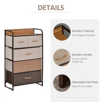 HOMCOM 5-Drawer Fabric Dresser Tower, 4-Tier Storage Organizer with Steel Frame for Hallway, Bedroom, and Closet, Maple Wood(m-6)