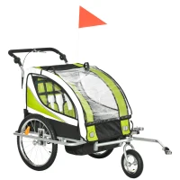 Aosom Foldable Bike Trailer for Kids, Toddler Carrier with 2 Seats, Safety Flag, Light Reflectors, & 5 Point Harness, Green(m-1)