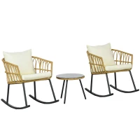 Outsunny Wicker Outdoor Rocking Chair Set, 3 Piece Patio Bistro Set with 2 Porch Rocker Chairs, Glass Top Coffee Table and Cushions, Patio Conversation Set for Balcony, Backyard, Cream White(m-1)
