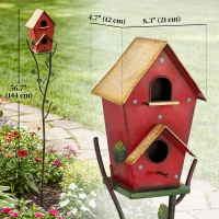 Outsunny 57" Outdoor Bird House with Pole, Metal Bird Houses for Outside, Double-Hole Birdhouse Outdoor Decoration, Red(m-3)
