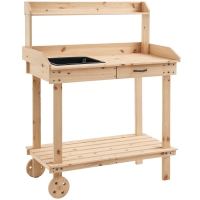 Outsunny 36'' Wooden Potting Bench Work Table with 2 Removable Wheels, Sink, Drawer & Large Storage Spaces, Natural
