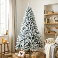 HOMCOM 6ft Snow Flocked Christmas Tree with 650 Branch Tips, Hinged Design, Artificial Fir Xmas Tree, Green and White(m-8)