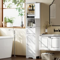 HOMCOM 67" Tall Bathroom Storage Cabinet, Narrow Bathroom Cabinet with LED Light, Adjustable Shelf, Open Compartment, Drawer(m-1)