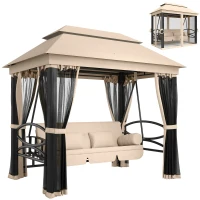 Outsunny 3-Seat Patio Swing Chair, Outdoor Gazebo Swing with Double Tier Canopy, Mesh Sidewalls, Cushioned Seat and Pillows, Beige(m-1)