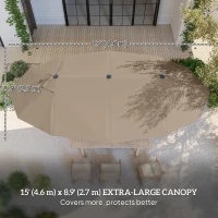 Outsunny 15' Outdoor Patio Umbrella with Twin Canopy Sunshade Steel Table Umbrella w/ Lift Crank, Cross base, Sandbag, Brown(m-4)