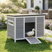 PawHut Duck Coop, Wooden Duck House Rabbit Hutch with Openable Roof, Removable Base, Elevated Legs, Ramp, Ventilated Windows(m-10)