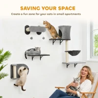 PawHut 4Pcs Cat Wall Shelves with Scratching Post & Pad, Condo, Hammock, Bed, Step, Hanging Pompoms, Perches(m-5)