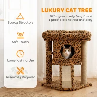PawHut Cat Tree, Small Cat Tower with Perch, Scratching Post, Cat Condo, Toy Ball for Kitty, Leopard Print(m-4)
