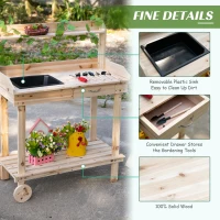 Outsunny 36'' Wooden Potting Bench Work Table with 2 Removable Wheels, Sink, Drawer & Large Storage Spaces, Natural(m-5)