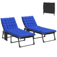 Outsunny Folding Chaise Lounge Chair Outdoor Tanning Chair Set of 2 with 5-Position Backrest, Cushions, Side Pocket, Gray/Blue(m-1)