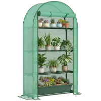 Outsunny Mini Greenhouse, Portable Greenhouse with 4 Tier Shelves, Roll-Up Door, and Plastic Cover, 41.3" x 17.7" x 63", Green(m-11)