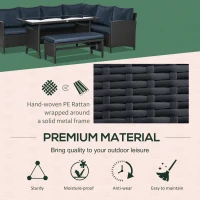 Outsunny 4 Pieces Patio Wicker Dining Sets, Outdoor PE Rattan Sectional Conversation Set with Cushions & Dining Table, Bench for Garden, Backyard, Lawn, Navy Blue(m-5)