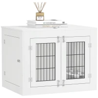 PawHut Dog Crate Furniture with 360° Rotatable Removable Dog Bowls, Two Doors, for Medium Dogs, 31.5" x 24" x 25", White(m-9)