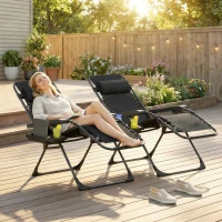 Outsunny Zero Gravity Chair Set of 2, Folding Reclining Outdoor Lounge Chair with Cup Holder, Headrest, Black(m-1)