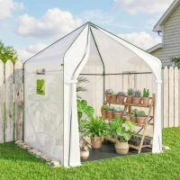 Outsunny Walk-in Greenhouse, 63" x 63" x 78.7", Roll-Up Door, 3 Mesh Windows, PE Cover, Steel Frame, White(m-10)