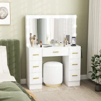 HOMCOM Makeup Vanity Desk with Mirror and Lights, Dressing Table with 7 Drawers, 6 Hidden Sliding Storage Compartments, White(m-8)