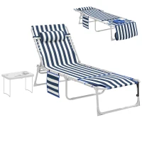 Outsunny Tanning Chair with Face Hole and Side Table, 5-Position Folding Outdoor Chaise Lounge Chair, Blue and White(m-1)