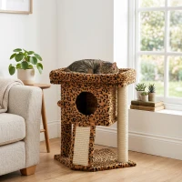 PawHut Cat Tree, Small Cat Tower with Perch, Scratching Post, Cat Condo, Toy Ball for Kitty, Leopard Print(m-8)