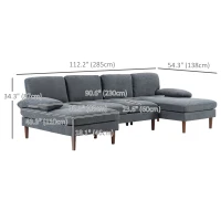 HOMCOM U Shape Couch with Double Chaise Lounge, Modern 4 Seater Sofa with Wooden Legs, Fabric Sofa for Living Room, Dark Grey(m-3)