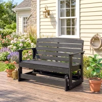 Outsunny Patio Glider Bench w/ HDPE Slatted Double Rocking Chair, Distressed Black(m-10)