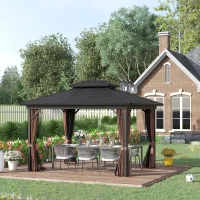 Outsunny 10' x 12' Hardtop Gazebo with Curtains and Netting, Permanent Pavilion Metal Double Roof Gazebo Canopy with Aluminum Frame and Hooks, for Garden, Patio, Backyard, Brown(m-2)
