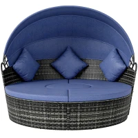 Outsunny 4-piece Cushioned Outdoor Rattan Wicker Sunbed or Conversational Sofa Set with Sun Canopy, Dark Blue(m-11)