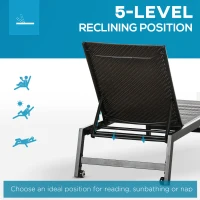 Outsunny 2 Pieces Patio Lounger Chair Set, Outdoor Aluminum Frame PE Rattan Wicker Sun Lounger Set w/ 5-Position Backrest and Wheels for Sun Room, Garden, Poolside, Dark Brown(m-5)