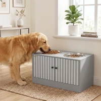 PawHut Elevated Dog Bowls with Storage Cabinet,  2 Stainless Steel Bowls, Slow Feeder, Dog Feeding Station for Large Dogs, Gray(m-8)