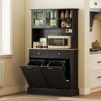 HOMCOM Kitchen Cabinet with Charging Station, 2 Tilt Out Cabinets, Microwave Stand, Freestanding Kitchen Pantry Cabinet, Black(m-8)