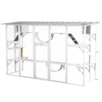 PawHut Large Outdoor Catio with Condos, Platforms, Doors, Ladders, Weather-Resistant Roof, White(m-2)