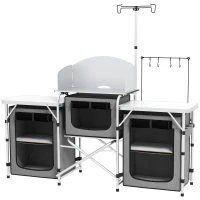 Outsunny Aluminum Camping Kitchen, Portable Folding Camping Table with Fabric Cupboards, Windshield, Bag for BBQ, Picnic, Grey(m-2)
