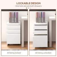 Vinsetto 3 Drawer File Cabinet with Lock, Steel Vertical Filing Cabinet with 5 Wheels and Hanging Bar for A4/Legal/Letter, Home Office Printer Stand with Pre-Assembled Body, White(m-6)