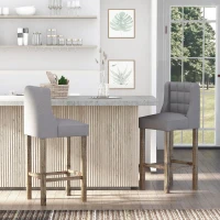 HOMCOM Modern Bar Stools, Tufted Upholstered Barstools, Pub Chairs with Back, Rubber Wood Legs for Kitchen, Dinning Room, Set of 2, Grey(m-2)
