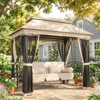 Outsunny 3-Seat Patio Swing Chair, Outdoor Gazebo Swing with Double Tier Canopy, Mesh Sidewalls, Cushioned Seat and Pillows, Beige(m-10)