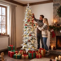 HOMCOM 7ft Prelit Flocked Christmas Tree, Artificial Pencil Hinged Xmas Tree w/ Slim Downswept Shape, 350 Warm White LED Lights, 8 Modes, Daily Timer, 800 Tips, Remote, Green White(m-9)
