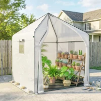 Outsunny Walk-in Greenhouse, 63" x 63" x 78.7", Roll-Up Door, 3 Mesh Windows, PE Cover, Steel Frame, White(m-9)