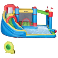 Outsunny 6-in-1 Inflatable Water Slide with Splash Pool, Slide, Climbing Wall, Water Cannon, Inflatable Bounce House for Kids with 2 Min. Inflation and Air Blower(m-13)