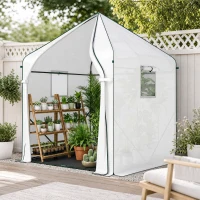 Outsunny Walk-in Greenhouse, 63" x 63" x 78.7", Roll-Up Door, 3 Mesh Windows, PE Cover, Steel Frame, White(m-8)
