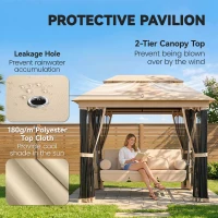 Outsunny 3-Seat Patio Swing Chair, Outdoor Gazebo Swing with Double Tier Canopy, Mesh Sidewalls, Cushioned Seat and Pillows, Beige(m-5)